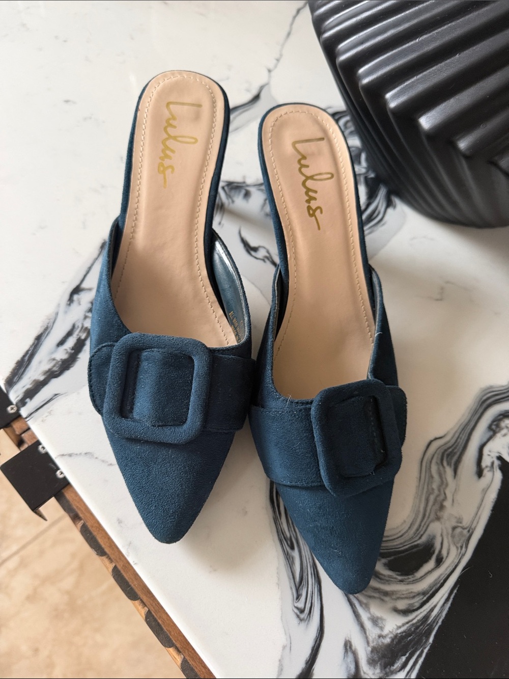 Lulu's Deep Teal Pointed-Toe Buckle Mules